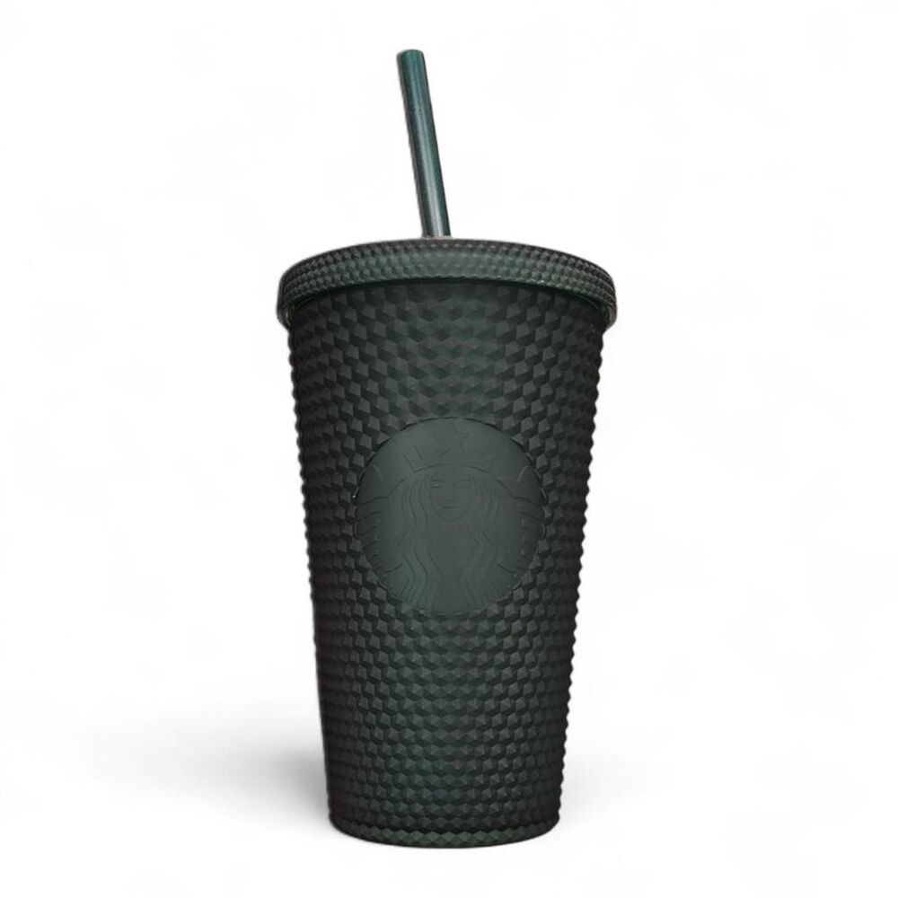 Dark Green Studded Starbucks tumbler with straw
